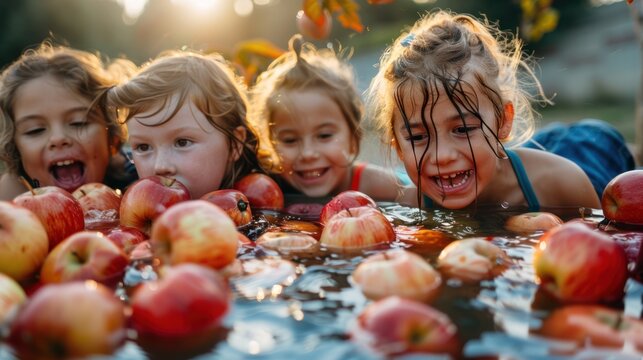Kids bobbing for apples at a backyard Halloween party.