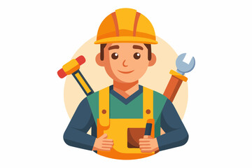 Builder man in a hard hat and with tools. Foreman or construction worker on a white background
