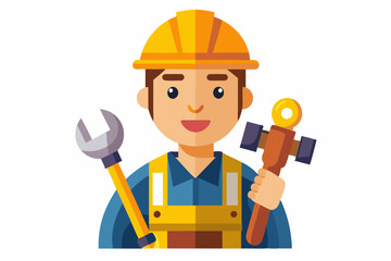 Builder man in a hard hat and with tools. Foreman or construction worker on a white background
