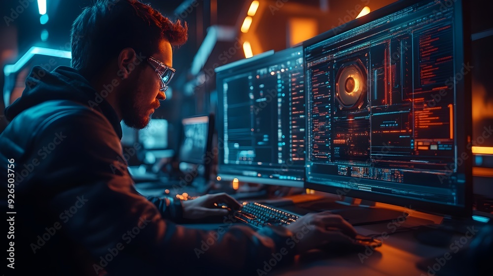Poster engineer setting up hardware for testing in workspace