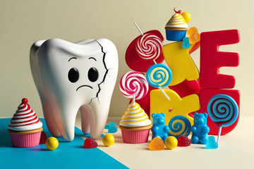 Dental sad cartoon tooth with colourful candies and sweets. Concept of hygiene and proper healthy nutrition. AI