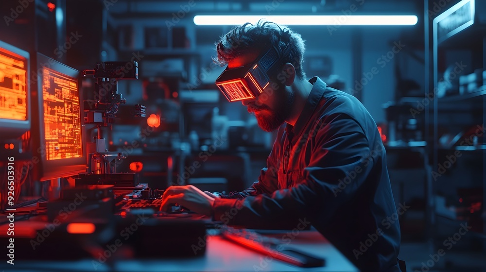 Poster engineer setting up hardware for technical testing in workspace