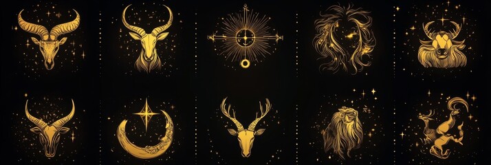 Golden Zodiac Elegance: AI-Generated Abstract Astrological Symbols Set. Celestial Marketing Art for Mystical Web Posters. Dreamy 4K Wallpaper Blending Cosmic Culture and Digital Artistry.