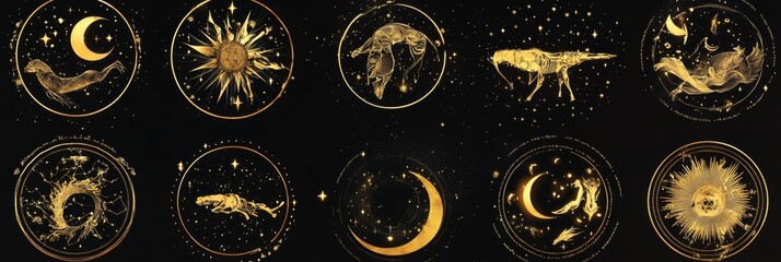 Golden Zodiac Elegance: AI-Generated Abstract Astrological Symbols Set. Celestial Marketing Art for Mystical Web Posters. Dreamy 4K Wallpaper Blending Cosmic Culture and Digital Artistry.