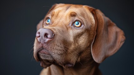 A close-up of a brown dog with striking blue eyes against a dark background