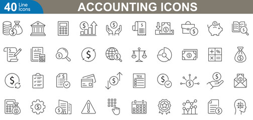 Accounting outline icons set. Financial, bookkeeping, budget, tax, invoice, audit, ledger, payroll, calculator, balance sheet and more.  vector illustration.