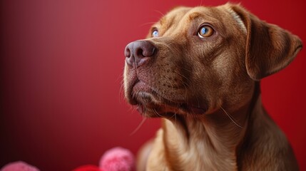 A golden dog sits thoughtfully in front of a red backdrop with colorful yarn balls during a quiet indoor moment