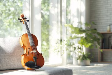 A modern living room with a violin instrument being illuminated by natural light from the windows, creating a cozy and elegant atmosphere.