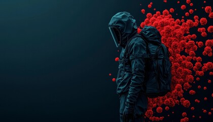 A figure in protective gear stands against a backdrop of red virus particles, symbolizing the fight against infectious diseases, pandemics, or biohazard threats.