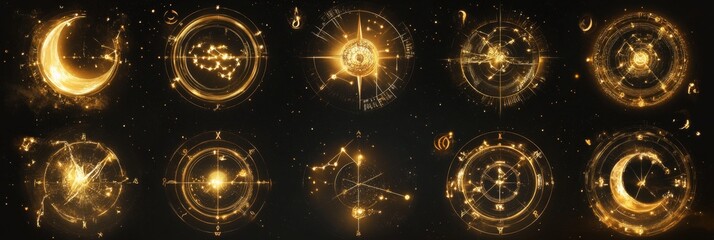 Golden Zodiac Elegance: AI-Generated Abstract Astrological Symbols Set. Celestial Marketing Art for Mystical Web Posters. Dreamy 4K Wallpaper Blending Cosmic Culture and Digital Artistry.
