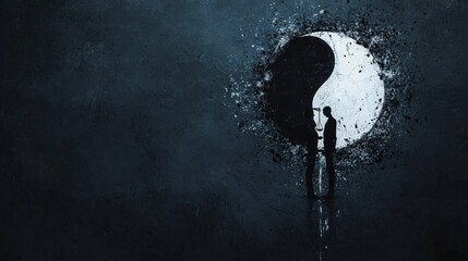 Obraz premium A balanced yin-yang symbol with digital scales and diverse human figures, illustration, monochrome, against a cosmic background