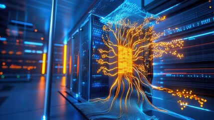 Data center with a giant central computer, wires sprawling out like roots,