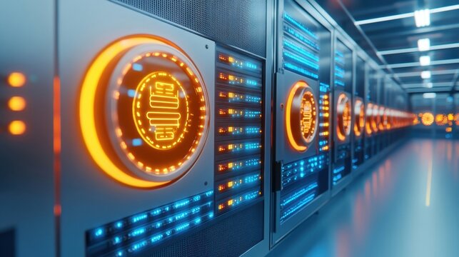 Data center with advanced biometric security systems, glowing scanners,