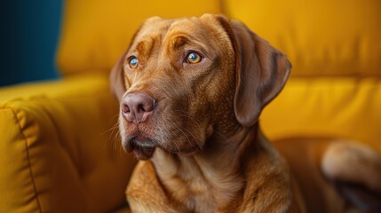Golden retriever resting calmly on a yellow armchair in a cozy indoor setting during daylight