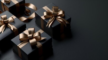 Elegant black gift boxes adorned with shiny bronze ribbons sit on a dark background. These stylish presents are perfect for any special occasion. They convey luxury and thoughtfulness. AI