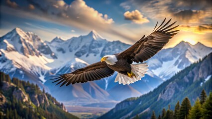 Fototapeta premium Majestic American bald eagle in flight over a mountain landscape, wildlife, national bird, symbol, predator, feathers