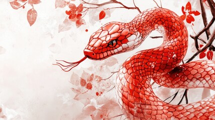 Obraz premium Elegant red brush-painted snake in Chinese style, symbolizing the 2025 New Year, with a focus on traditional cultural elements