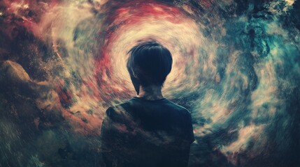 Obraz premium Back view of a person in a vortex of vibrant, swirling colors, symbolizing a deep connection with inner thoughts and the cosmos.