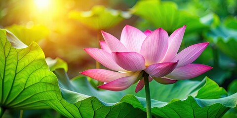 Obraz premium Pink lotus flower with green leaves, lotus, flower, pink, water lily, aquatic, petals, plant, nature, beauty, symbol