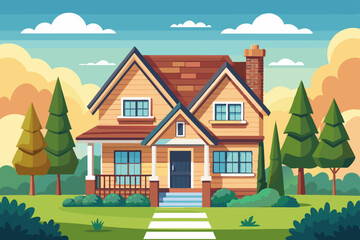 Residential two story cozy house. The property. Facade of a country building with a lawn and trees against the backdrop of the city. Cottage rent.
