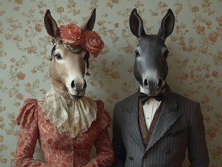 Fototapeta premium Victorian Donkey Couple in Vintage Floral Setting 