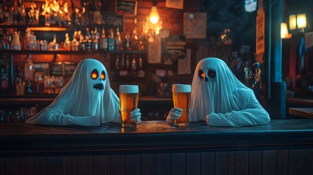 Spooky Ghost Sitting at the Bar, Drinking Beer – An Eerie and Chilling Scene with a Ghostly Presence in a Haunted Pub Setting.