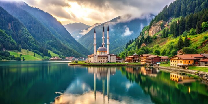 Mosque nestled by Uzungol mountain lake in Trabzon, Turkey, Mosque, Uzungol, mountain, lake, Trabzon, Turkey, serene