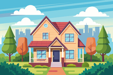 Residential two story cozy house. The property. Facade of a country building with a lawn and trees against the backdrop of the city. Cottage rent.
