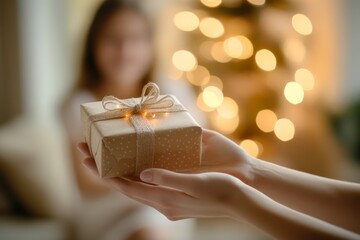 Close-up of a person's hands giving a beautifully wrapped gift with a blurred background of warm holiday lights and a smiling child.