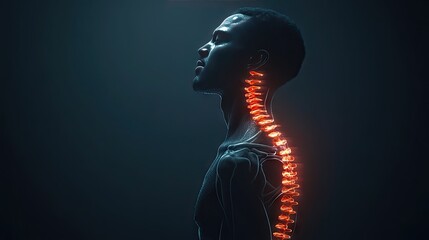 A man in a standing position, with his spine glowing red at the painful spots, gray bone outlines, and text space.