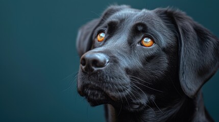 Close-up of a black Labrador Retriever gazing upward against a dark background
