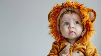 A baby in a cute animal costume, like a lion or bear.