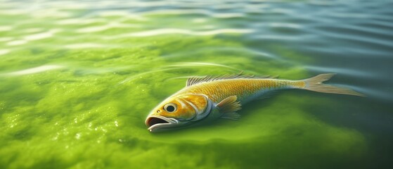 Eerie 3D Illustration of Lake with Toxic Algae Bloom Causing Fish Die-Off