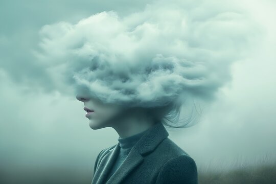 Portrait of a woman with brain fog. Muffled thoughts, memory loss and forgetfulness. 