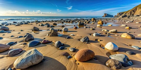 Obraz premium Rocks of various shapes and sizes scattered across a sandy beach, beach, rocks, stones, pebbles, shoreline, nature