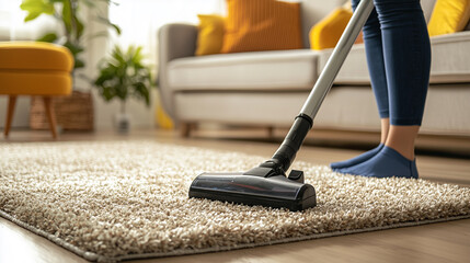 A close-up of a vacuum cleaner being used on a plush carpet in a cozy living room, showcasing the process of keeping the home clean and tidy
