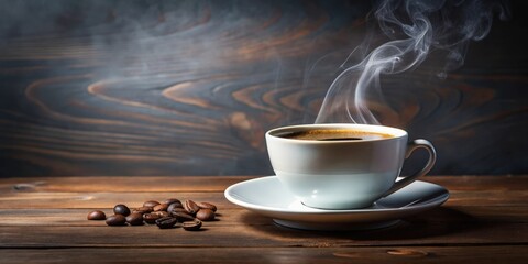 Fototapeta premium Steaming cup of freshly brewed coffee on a saucer , coffee, beverage, drink, caffeine, hot, morning, aroma, espresso, latte