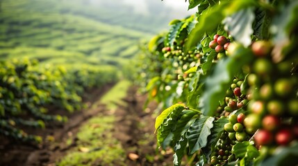 Close-up of coffee beans ripening on a branch in a plantation with a blurred background of rolling hills.