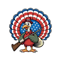 thanksgiving turkey with rifle on american flag background