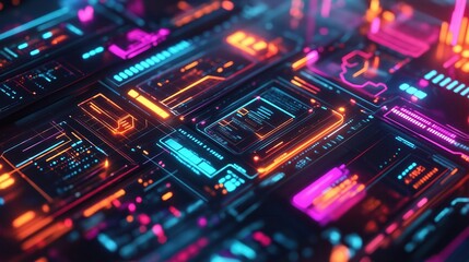 Fototapeta premium Colorful and vibrant futuristic digital interface filled with glowing data panels in neon hues, illustrating advanced technology, information systems, and cyber environments.