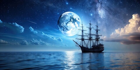 A ship sailing in the moonlit sea at night , ship, sea, night, moonlit, adventure, nautical, voyage, travel, ocean, water, vessel