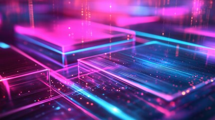 Fototapeta premium Technology Abstract geometric neon lights in pink and blue, Futuristic digital technology, and innovation background concepts.