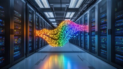 A data center with fiber optic cables glowing in various colors,