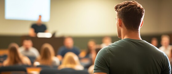 Fototapeta premium Engaging Classroom Presentation: Student Delivering Dynamic Speech with Visual Aids to Attentive Peers