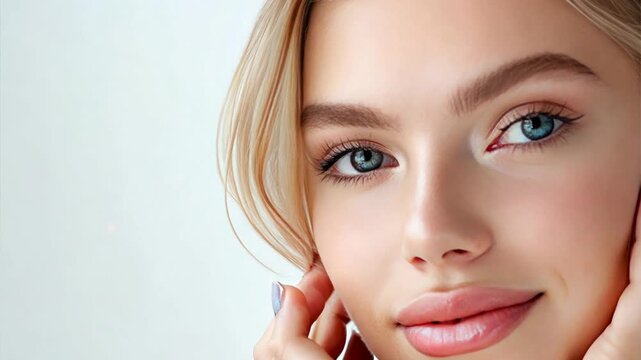 Flawless Beauty: A portrait of a stunning young woman with captivating blue eyes and radiant, healthy skin. 