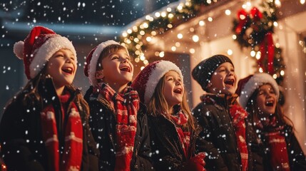 Group of children singing Christmas carols in the snow, wearing Santa hats and scarves, enjoying...