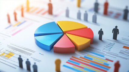 The image shows a colorful 3D pie chart placed on a table filled with various data sheets and graphs.