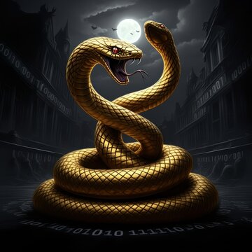 A golden snake intertwined with binary code, symbolizing Python programming and coding.