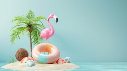 Obraz premium product mockup summer theme , pink flamingo inflatable ring mockup , beach ball and coconut tree mockup , sand beach and blue background mockup