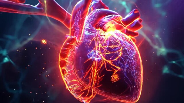 The Fiery Heart of Life: A vibrant 3D rendering of a human heart, ablaze with energy and pulsing with life, set against a cosmic backdrop. 